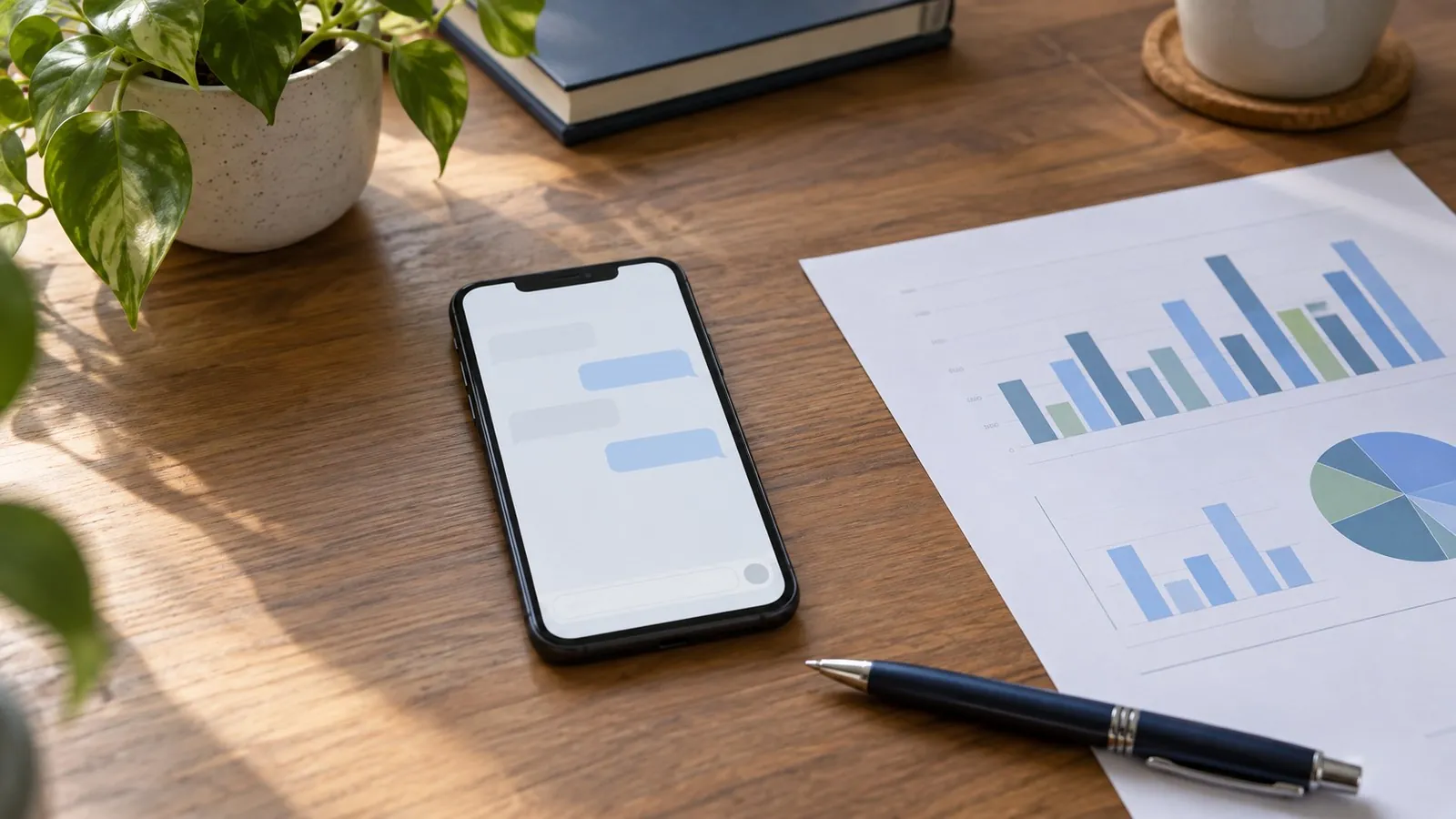Phone on a desk showing a chat screen with no readable text, next to a printed report with bar charts, illustrating how seo leads singapore are counted