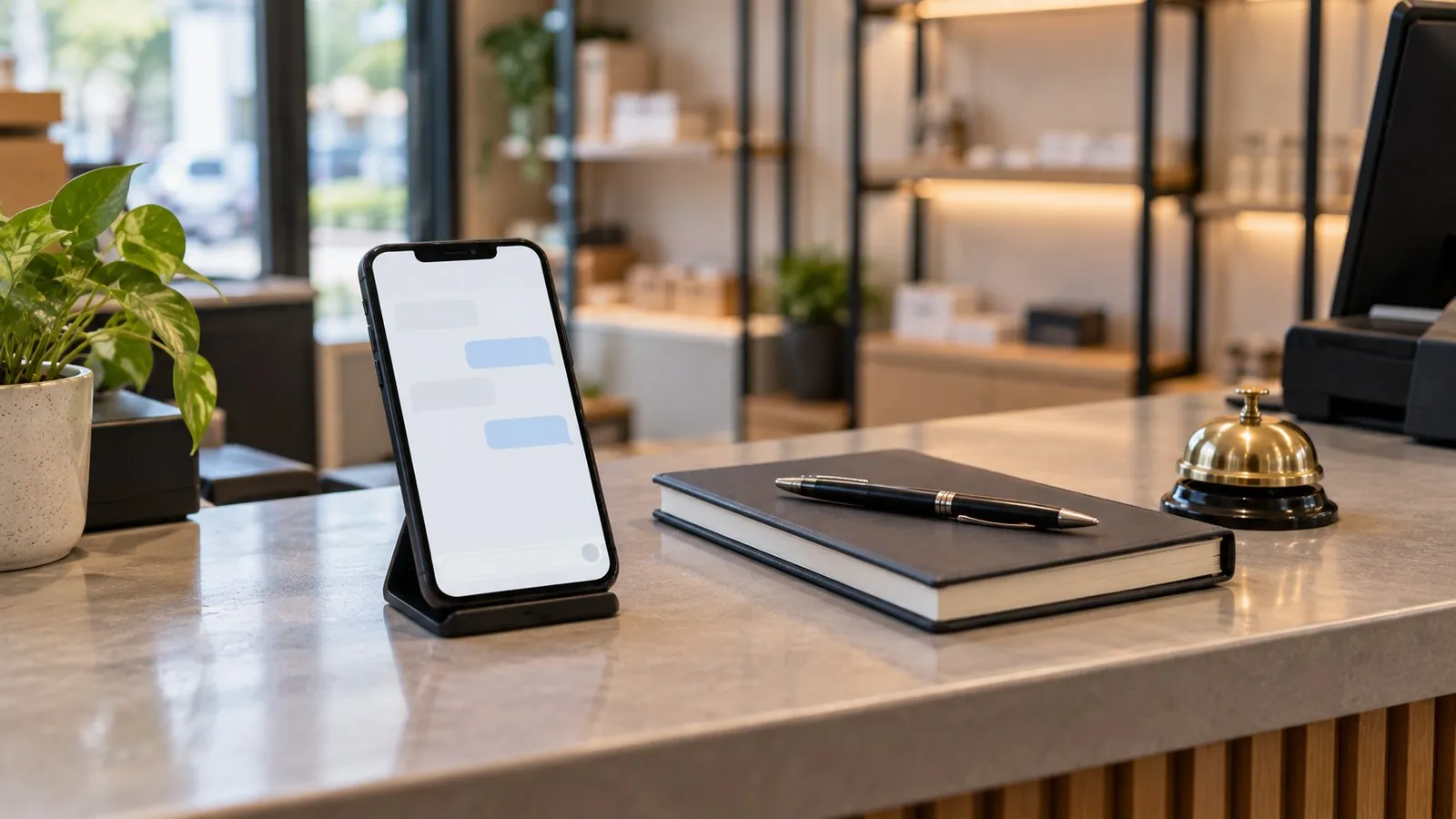 Smartphone on a shop counter showing a chat screen, a WhatsApp automation set-up for a Singapore business