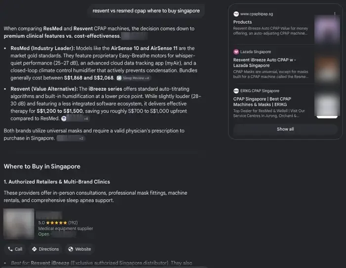 Google AI Mode answer listing a SingRank client first under Where to Buy in Singapore (client name hidden)