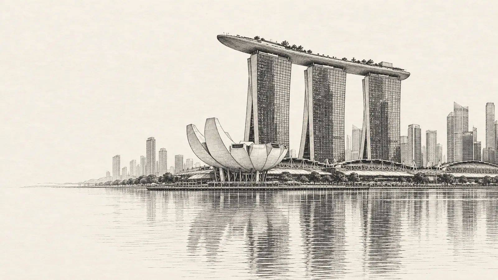 Pen-and-ink etching of Marina Bay Sands and the ArtScience Museum across calm water in Singapore, on ivory paper.